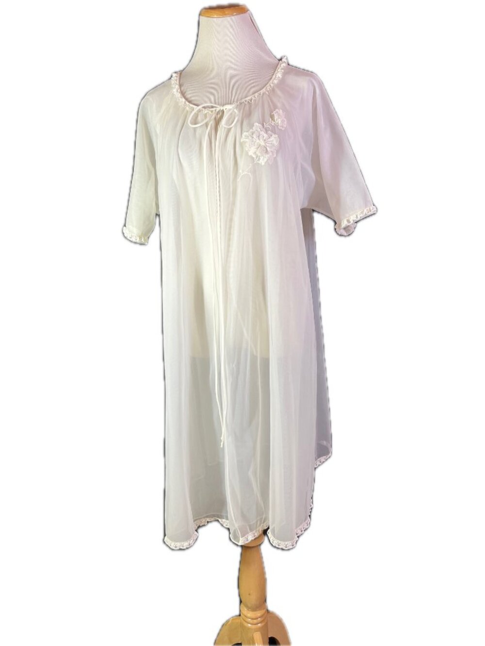 Vintage 1950s Vanity Fair Size M White Sheer Short SLeeve Tie-Front Robe